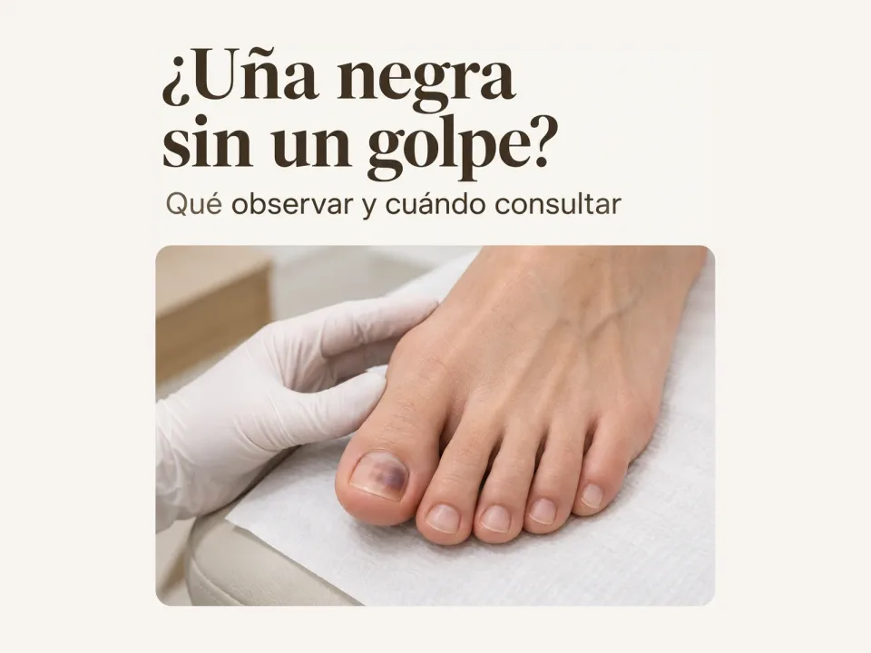 Plakat mit dem spanischen Titel „¿Uña negra sin un golpe? Qué observar y cuándo consultar“ (schwarzer Zehennagel ohne Stoß? Worauf achten und wann zur Untersuchung) über einer behandschuhten Hand, die einen Fuß mit dunklem Großzehennagel hält