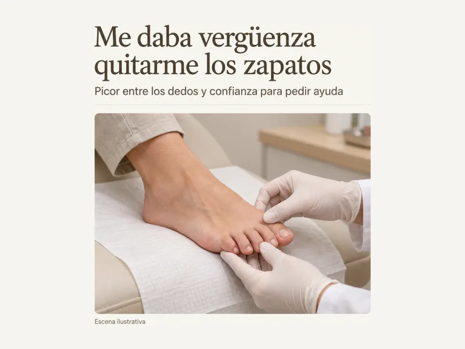 Plakat mit dem spanischen Titel „Me daba vergüenza quitarme los zapatos. Picor entre los dedos y confianza para pedir ayuda“, Hinweis „Escena ilustrativa“, über Händen in Handschuhen, die Zehen spreizen